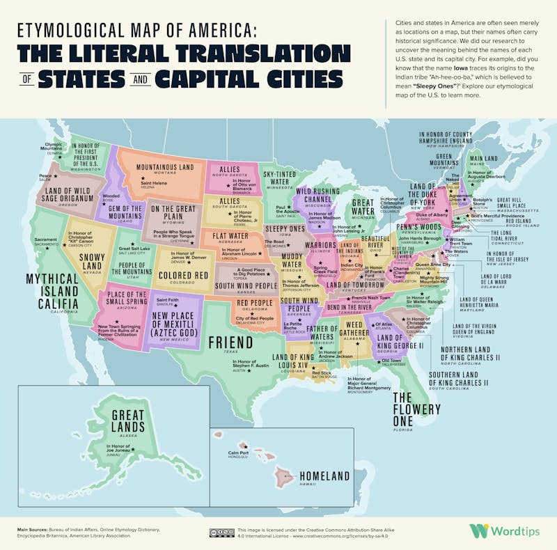Etymological Map of America The Literal Translation of States and Capital Cities